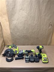 RYOBI TOOLS PCL500/ PBLAG02/PSBID02 3PC COMBO TOOL SET WITH BATTERIES & CHARGER